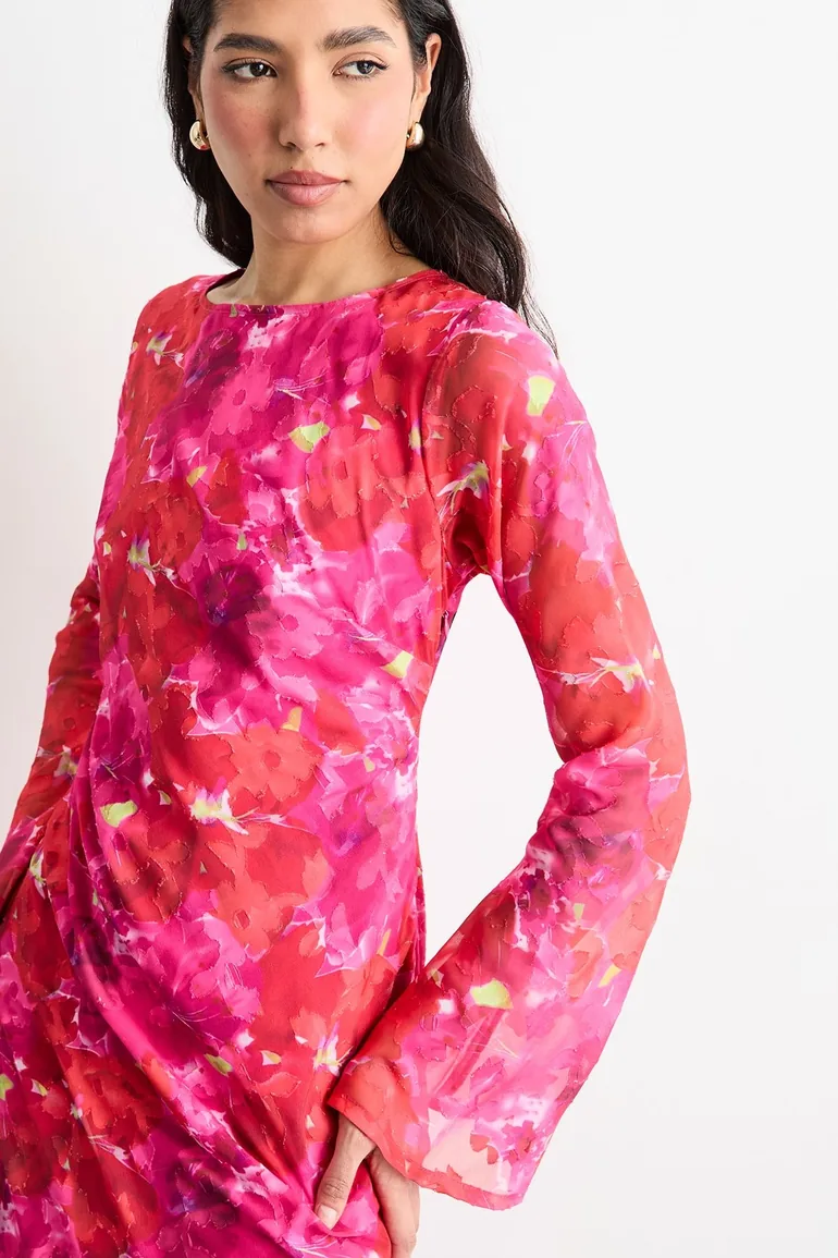 Burnout Floral Chiffon Slash Neck Bias Midi Dress - 1