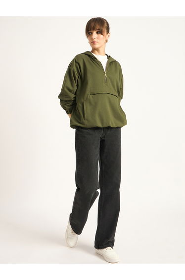 Olive Half Zip Up Terry Hoodie