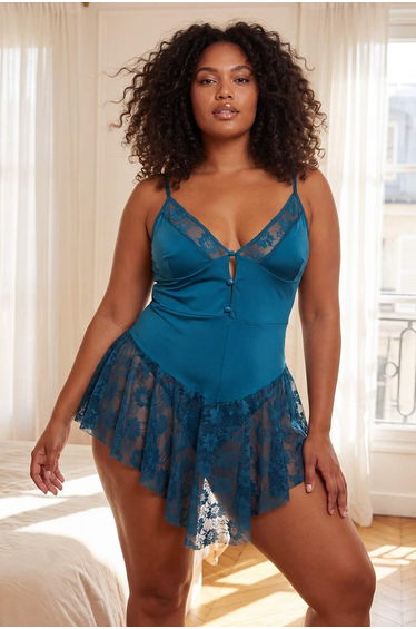 Petrol Lace Li Buttoned Straps Cup-Free Panties Plus Size Babydoll/Fantasy Nightgown