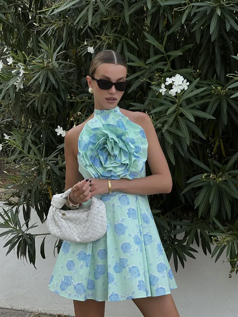 mint blue skater dress Lulu's Dreaming of Romance Mint Blue Floral Print Ruffled Skater Dress S Girly