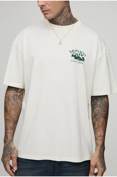 Tall Oversized Monaco Racing Print T-Shirt - ecru
