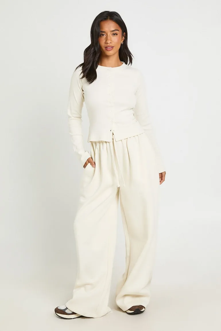 Petite Rib Button Through Long Sleeve Top Tracksuit - ecru