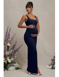 Avril | Navy Square Neck Maternity Maxi Dress with Split - 3