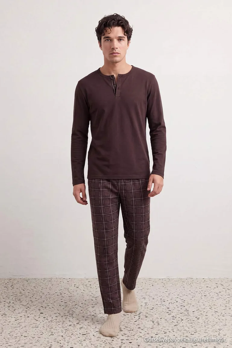 Brown Regular Buttoned Collar Plaid Knitted Pajama Set - 3