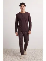 Brown Regular Buttoned Collar Plaid Knitted Pajama Set - 3