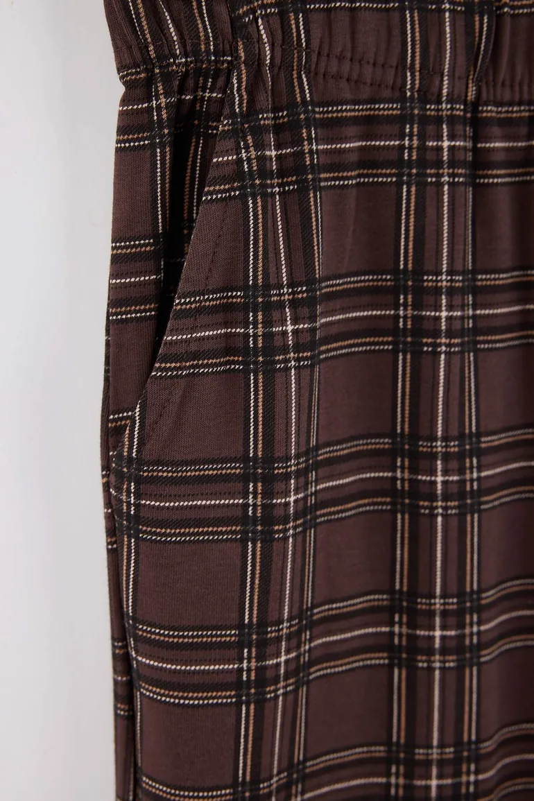 Brown Regular Buttoned Collar Plaid Knitted Pajama Set - 6