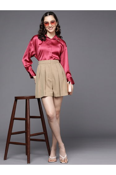 Women Pink Embellished Collar Satin Longline Shirt