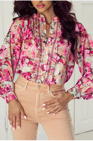 Lvnes Red Floral Print Ruffled Stitch Buttoned Loose Fit Shirt