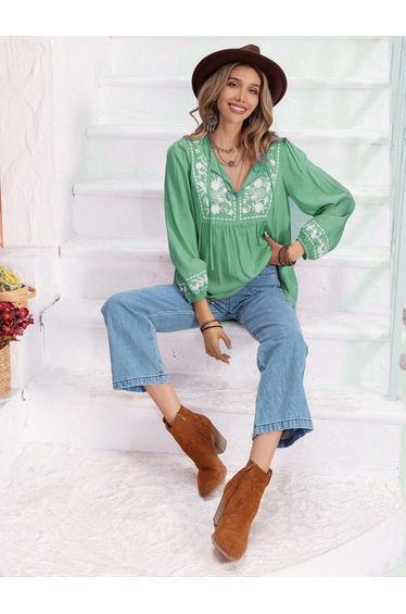 Embroidered Tie-Up Neck Long Sleeve Top