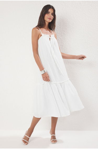 White Wide Cut Tie Detail Midi Muslin Woven Dress