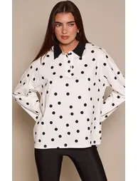 Monochrome Polka Dot Collar Detail Long Sleeve Rugby Top
