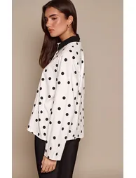 Monochrome Polka Dot Collar Detail Long Sleeve Rugby Top - 1