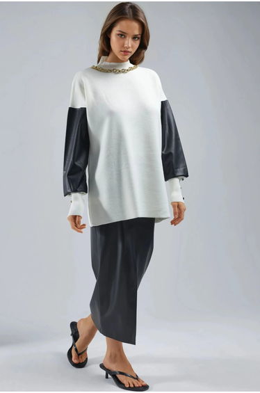 MY FASHION Faux Leather Detailed Sweater