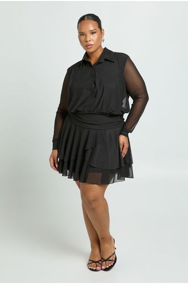 Plus Collared Drop Hem Skater Dress - black