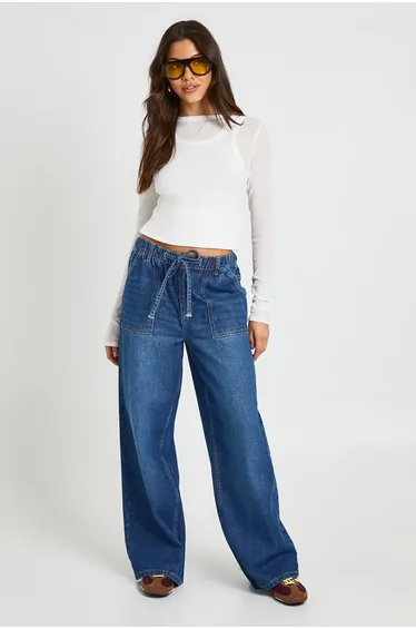 Elasticated Tie Waist High Waist Wide Leg - washed indigo