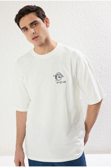 Men's Ecru Oversize/Wide-Fit Oriental Printed Short Sleeve 100% Cotton T-Shirt