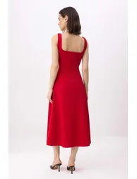 Red Open-Waist Square Neck Thick Strap Sleeveless Crepe Knitted Dress - 3