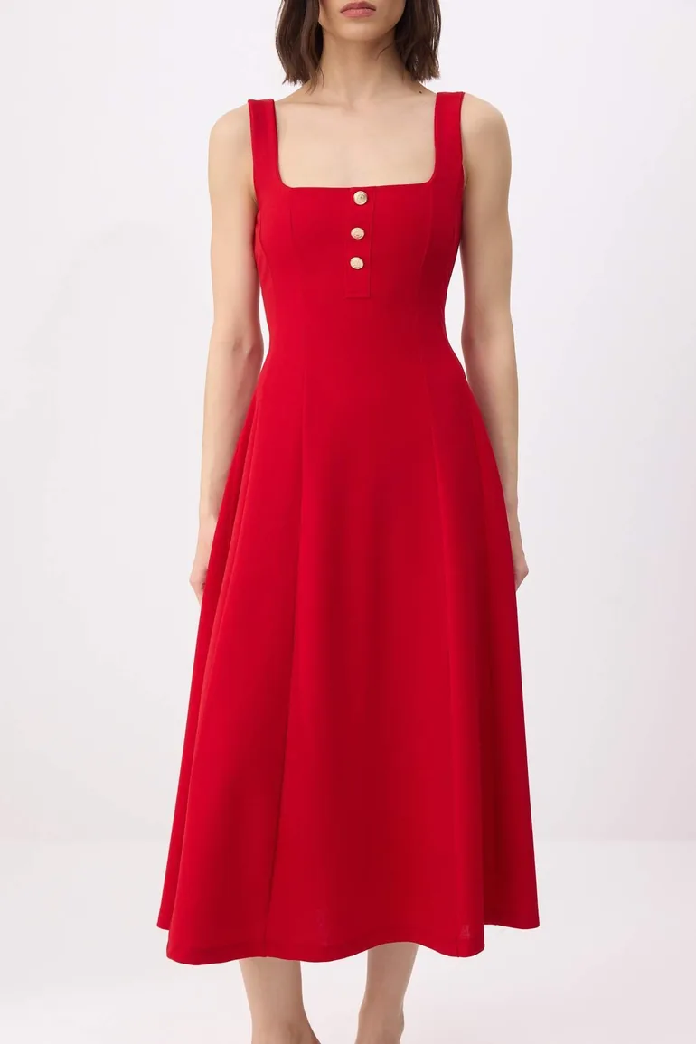 Red Open-Waist Square Neck Thick Strap Sleeveless Crepe Knitted Dress - 2