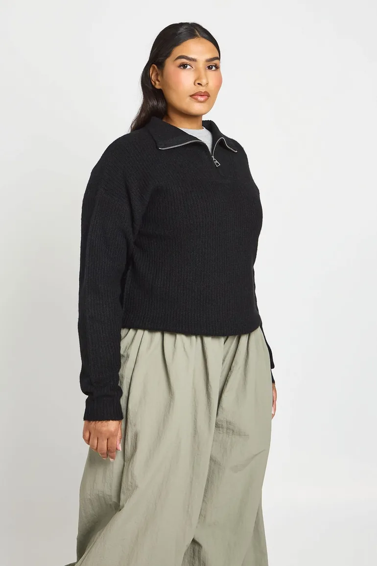 Plus Chunky Knit Oversized Zip Neck Jumper - black - 1
