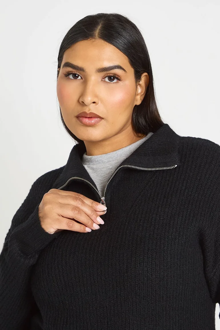 Plus Chunky Knit Oversized Zip Neck Jumper - black - 3