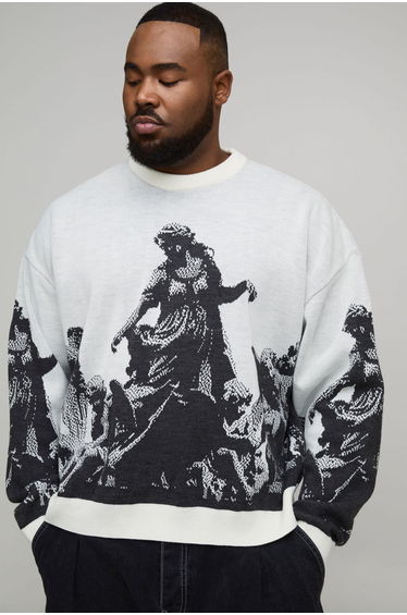 Plus Oversized Renaissance Embroidered Jacquard Knitted Jumper - ecru