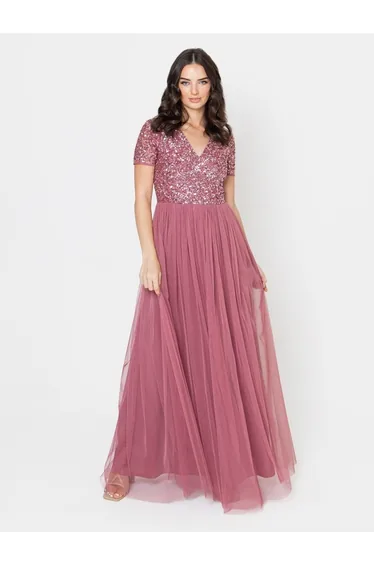 Maya Desert Rose Short Sleeve V Neckline Embellished Maxi Dress