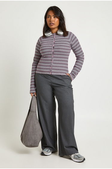 Plus Stripe Button Down Long Sleeve Top - pink
