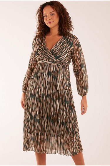 Wrap Over Metallic Vertical Print Dress
