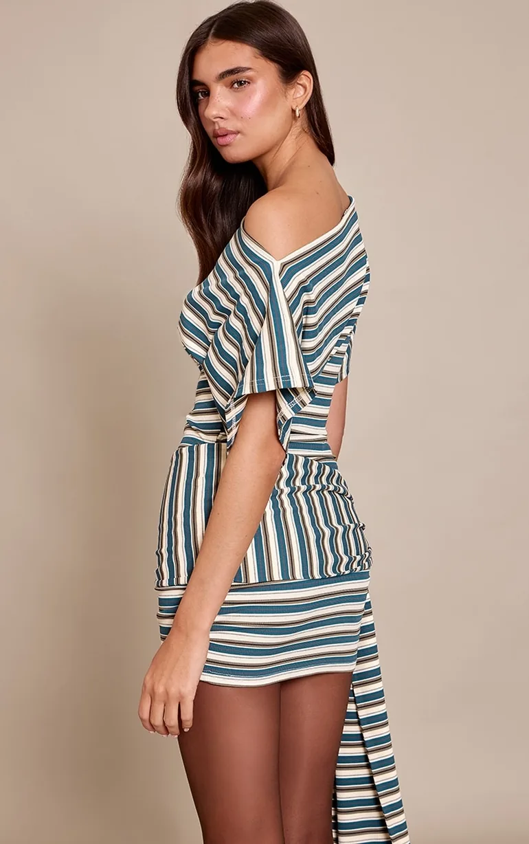 american flag bodycon dress WOMEN'S ROUND NECK SHORT SLEEVE TIE WAIST SLIM FIT BODYCON DRESS – Rising main image 0