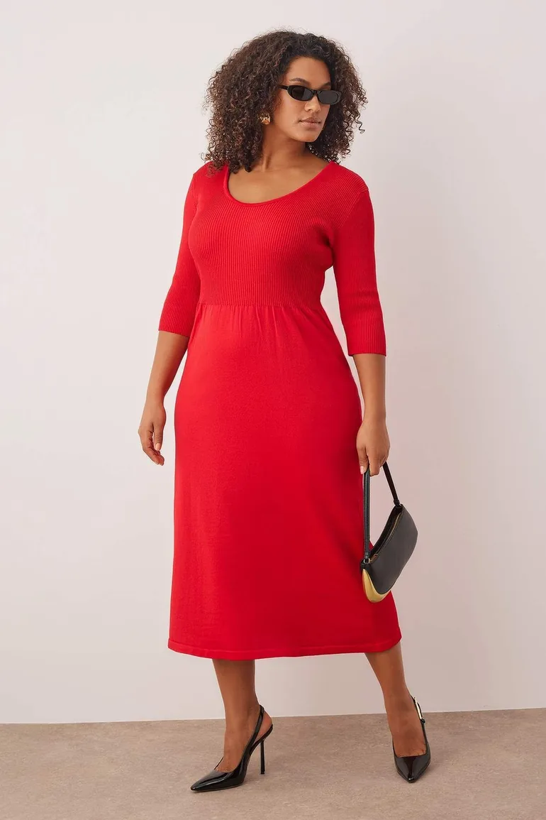 red knit dress plus size Women Plus Size Sweater Dress Sweetheart Collar Long Sleeve Casual Fall Winter Tunic Knit Dress