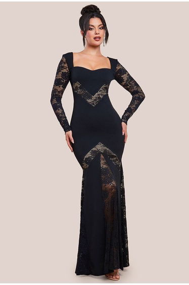 Goddiva Scuba & Lace Long Sleeve Dress - Black