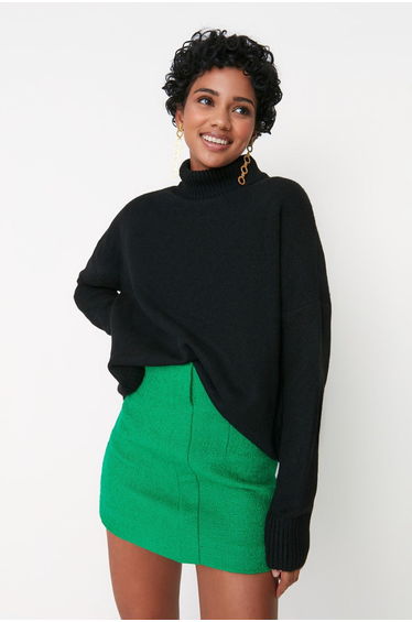 Black Wide Fit Soft Textured Standing Collar Knitwear Sweater