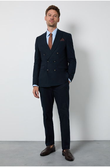 Navy Linen Double Breasted Suit Jacket