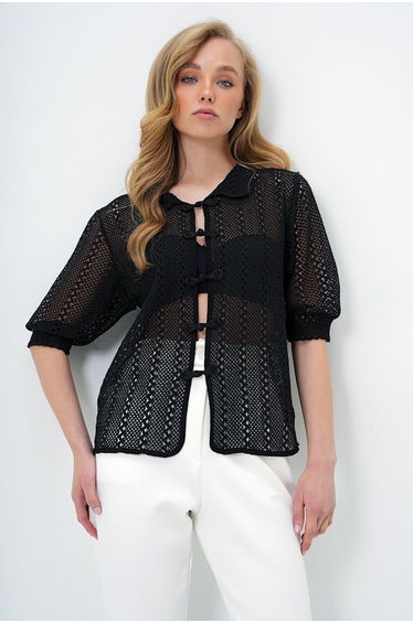 Women's Black Baby Collar Princess Sleeve Knot Closure Summer Shirt