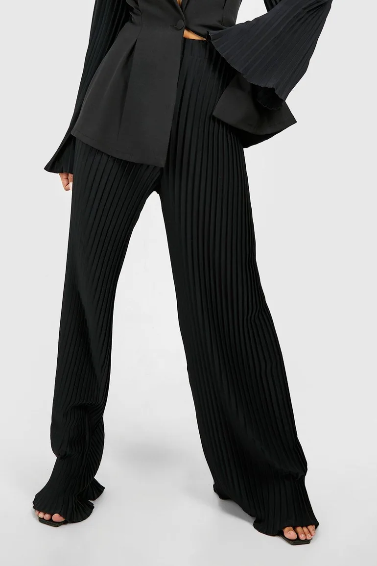 Pleated Wide Leg Tailored Trousers - black - 3