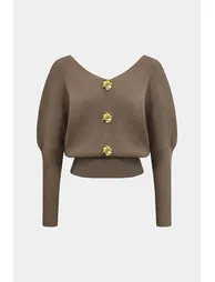 Solid Button V-Neck Sweater Long-Sleeve Top