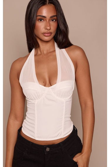 Petite White Chiffon Strap Seam Front Corset Top