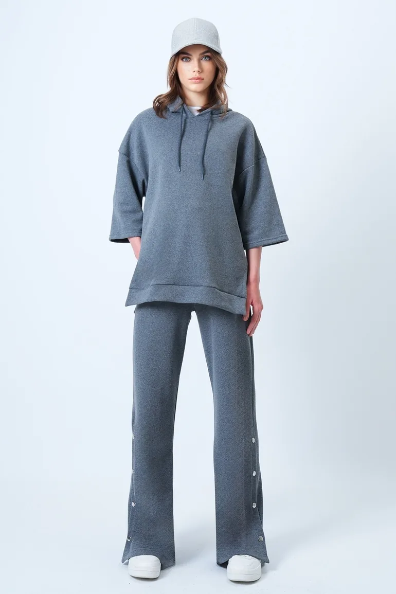 Women's anthracite hooded sweatshirt with side slit and wide leg pants se - 1