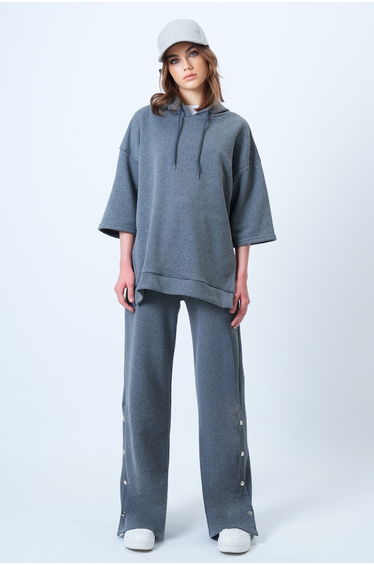Women's anthracite hooded sweatshirt with side slit and wide leg pants se