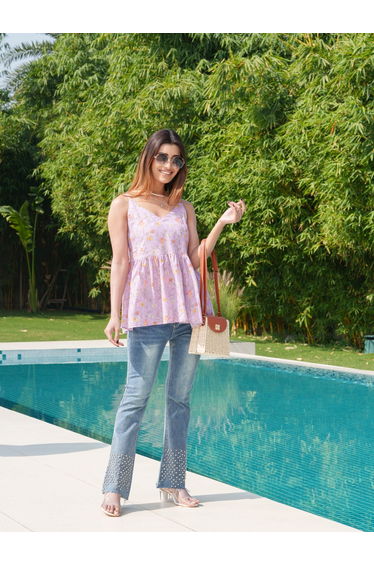 Floral Printed Pure Cotton Strappy Peplum Top