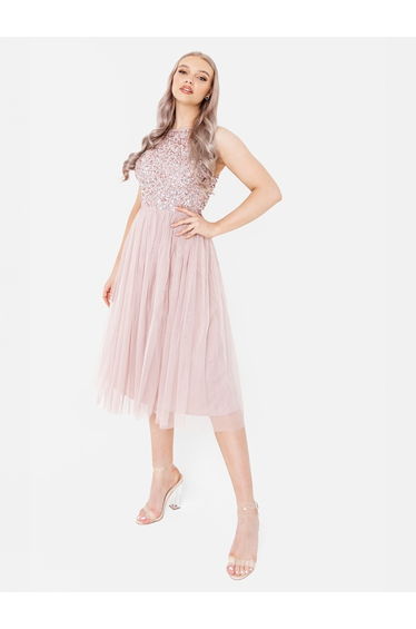 Maya Frosted Pink Embellished Halter Neck Midi Dress