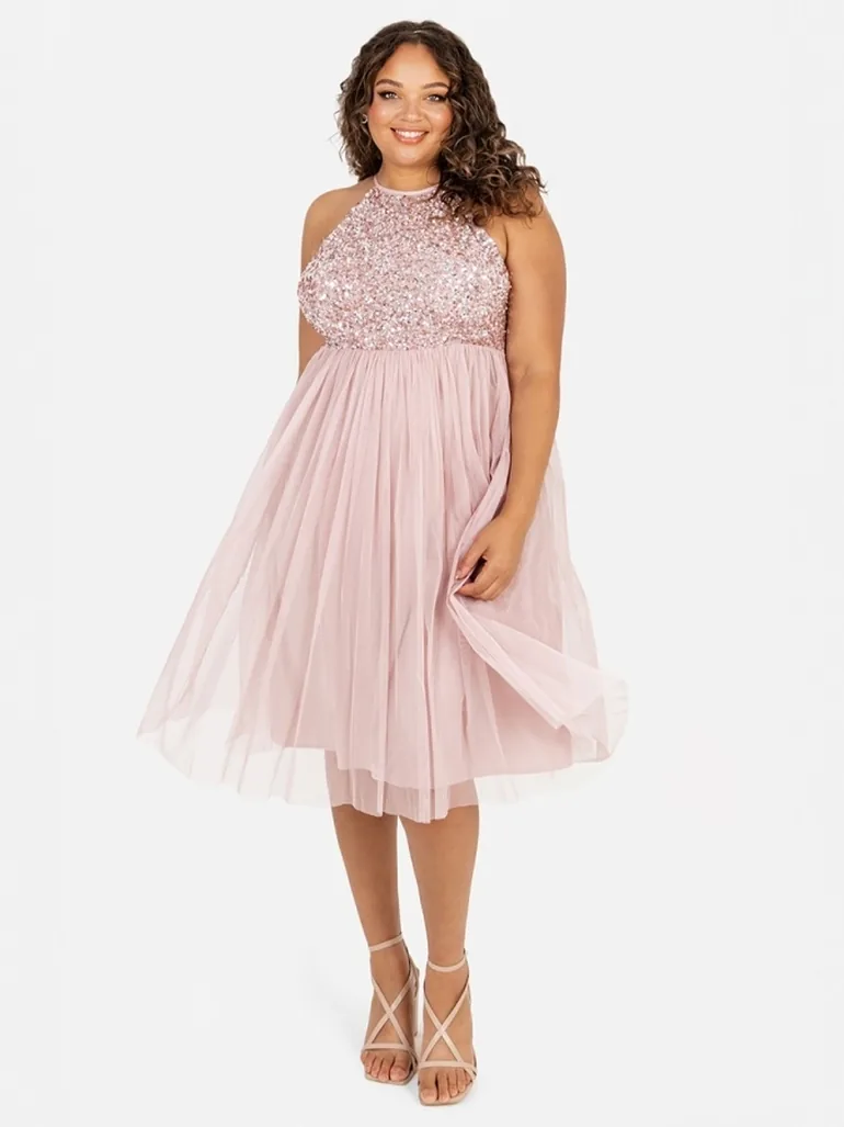 Maya Frosted Pink Embellished Halter Neck Midi Dress - 4