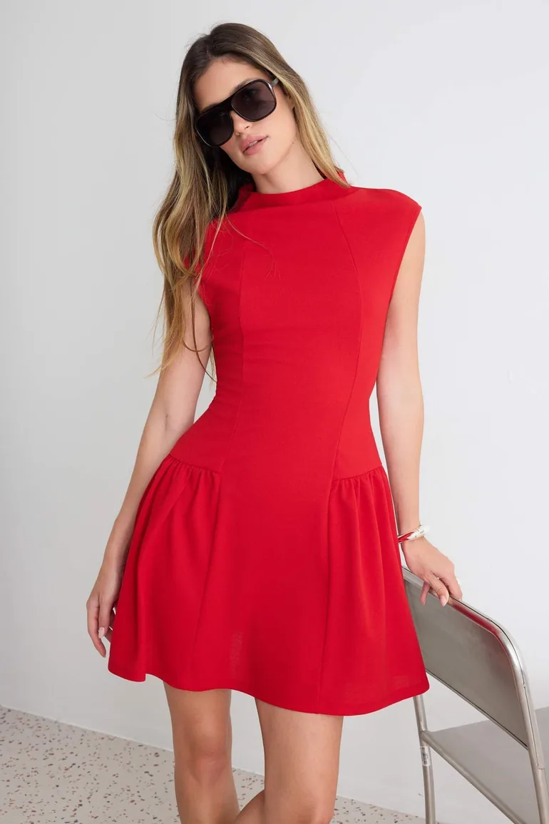 Red Skater/High Neck Sleeveless Short/Mini Pleated Stretchy Knitted Dress - 1