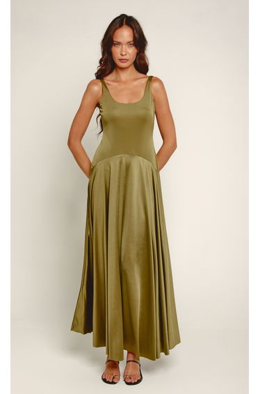 Olive Curved Drop Waist Maxi Dress