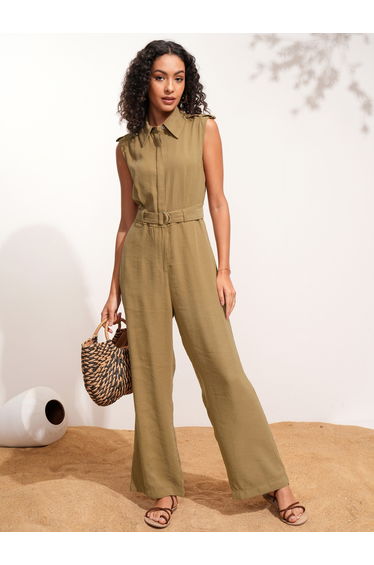 Solid Sleeveless Collared Jumpsuit with Belt Detail