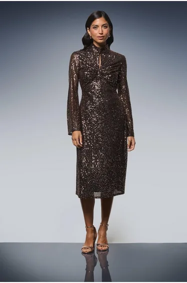 High Neck Sequin Midi Dress