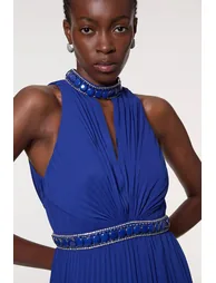 Halter Diamante Enamel Trim Woven Pleated Split Maxi Dress - 1