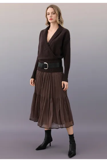 Shawl Collar Faux Wrap Belt Knit Sweater in Brown