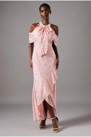 Cold Shoulder Jacquard Dress With Wrap Skirt And Tie Neck