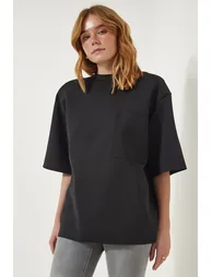Women's Black Back Zipper Detail Knitted Scuba T-Shirt - 1
